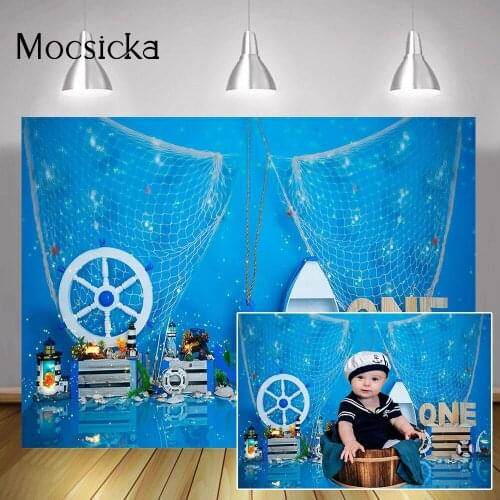 Newborn Sailor One Birthday Portrait Backdrop Nautical Blue Sea Baby Kids Cake Smash Background Sailing Travelling Photography