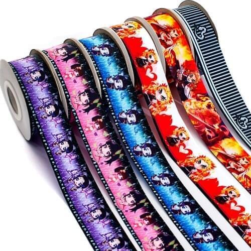 Hot Sale Anime Kimetsu No Yaiba Character Printed Grosgrain/Satin Ribbon 5 Yards for DIY Sewing & Hair Bow Accessories
