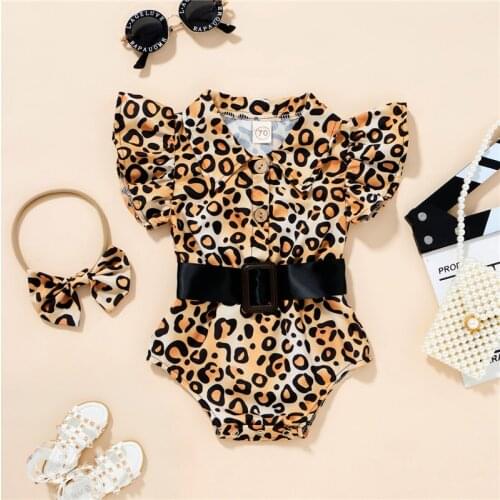 Fashion Newborn Baby Girls Summer Clothes Leopard Print Button Ruffles Sleeve Belt Rompers Jumpsuits Headband Beach Outfits