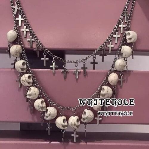 Halloween Skull and Cross Double Necklace for Women Fashion Punk Goth Jewelry White Skull Silver Necklace Aesthetic Party Gift