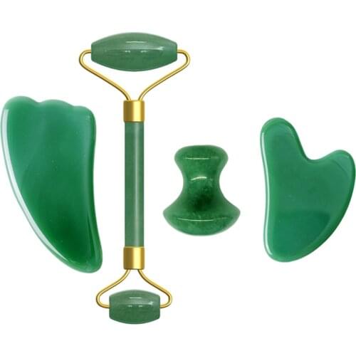 Aventurine Jade Facial Massage Roller Gouache Scraper Set Natural Gouache Stone Gua Sha Scraper Jade Roller Massager For Face