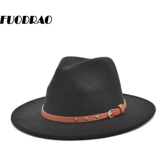 FUODRAO New Women Fedoras Hat Solid Color Wool Felt Wide Brim Jazz Hat Vintage Panama Gamble Black Jazz Cap F143