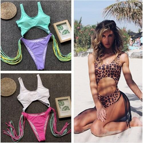 New One Piece Swimsuit Women Tassels Swimwear Sexy Monokini Swim Beach Patchwork Bathing Suit