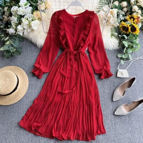 Autumn Women Boho Vintage Puff Long Sleeve Chiffon Sashes Dress French Sweet Girls A-line High Waist Holiday Fairy Dress Female