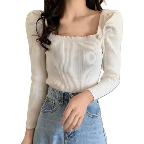 Casual Square Collar Women Sweater Autumn Winter Slim Sweater Solid Knit Ssweaters Pullovers Long Sleeve Soft Jumper Tops Femme