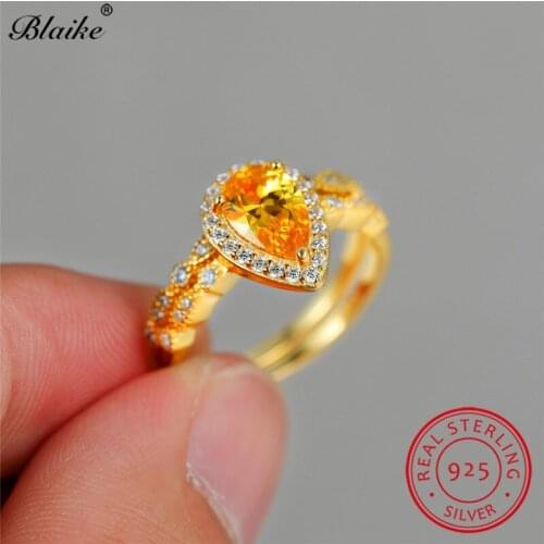 Solid 925 Sterling Silver Ring Set Pear Cut Water Drop Austrian Crystal Engagement Wedding Bands Yellow Topaz Rings For Women Cz