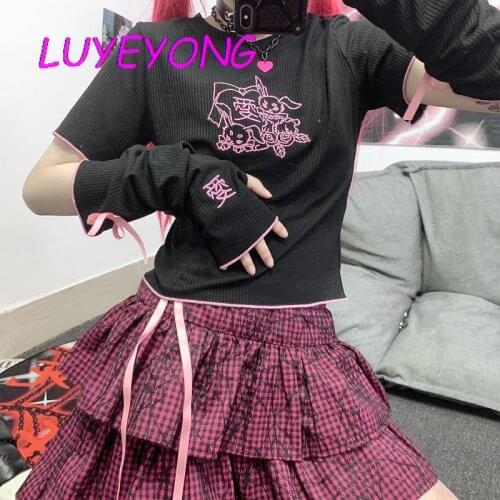 Y2k Character Cartton Lovely Draw String Tshirt Black White Kawaii Embroidery Girl T Shirt With Outsleeves Korean Fashion Tops