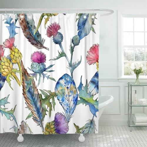 Wildflower Thistle Flower Pattern in Watercolor Full Name Waterproof Polyester Fabric Shower Curtain 60 x 72 inches Set
