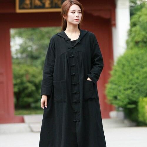 Original Long Sleeve Vintage Overcoat Girls Black Long Trench Coat Classic Cotton Linen Women Retro Outerwear Hooded Windbreaker