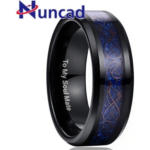 100% Tungsten Steel Ring Black Carbon Fiber Blue Dragon Men Rings TO MY SOUL MATE Husband Birthday Gift Rings Wedding Jewelry