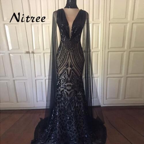 2018 Black Sequins Muslim Mermaid Evening Dresses African Dubai Turkish Formal Prom Gowns For Women Arabic Aibye Abendkleider