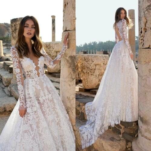 2021 Wedding Dress A Line Lace Applique Plus Size Illusion Floral Applique Tulle Bohemian Bridal Vestido De Novia Robe De Mariee