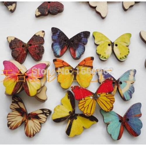 50pcs 2 Holes Mixed Butterfly Wooden Buttons Fit Sewing and Scrapbook 28x21mm Scrapbooking Sewing Accessories