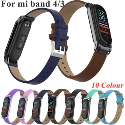 Colorful Leather Mi Band 4 3 Metal strap For xiaomi Mi Band 4 3 PU Stainless Bracelet MiBand 4 3 Wristbands Replacement straps