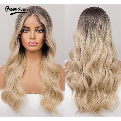 CharmSource Long Natural Wavy Wig Front Lace Synthetic Wigs for White Black Women Brown Ombre Blonde Daily Hair High Density