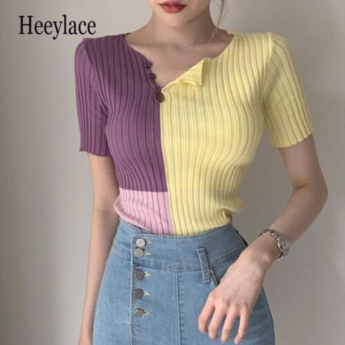 Geometric Summer Tops Korean Style Casual Women T Shirts Knitted Bodycon Slim 2020 T-shirt Elegant Ropa Mujer