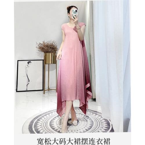 HOT SELLING Miyake Fashion fold v-neck sleeveless Gradient pink irregular dress IN STOCK