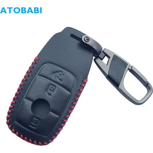Leather Car Key Case Keychain For Mercedes-Benz 2019 A C E Class Smart Keyless Remote Control Fob Cover Holder Auto Accessories
