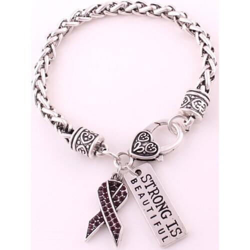 Multi-color antique sliver plated studded with sparkling crystal BREAST CANCER RIBBON with STRONG IS BEAUTIFUL charm Bracelet