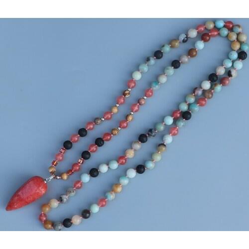 EDOTHALIA Fashion 8mm Amazonite Stone With Bullet Shape Pink Red Pendant Necklace For Women Girls Presents