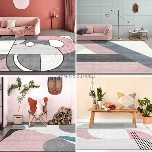 Fashion and Modern Morandi Fresh Pink Gray Block Stitching Living Room Bedroom Bedside Carpet Floor Mat Customization