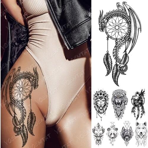 Waterproof Temporary Tattoo Sticker Dragon Lion Tiger Dream Catcher Tattoos Panda Wolf Body Art Arm Fake Sleeve Tatoo Women Men