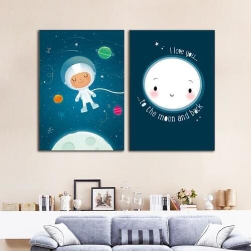 Animation Space Astronaut Poster Cartoon Canvas Painting Baby Room Decor Children Bedroom Decoration Kids Girl Nursery Wall Art