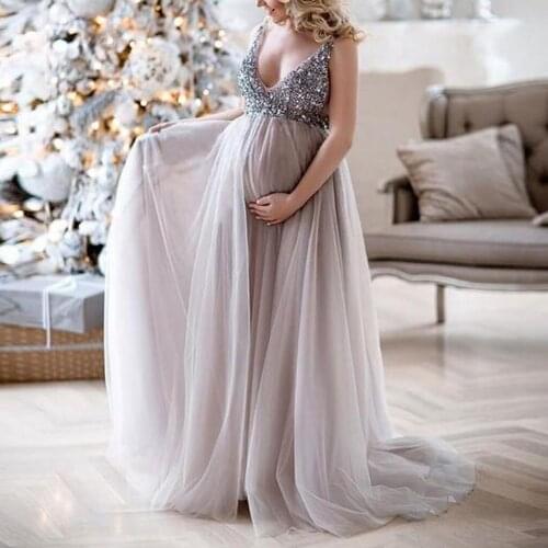 Maternity Photography dresses Sexy elegant Women Pregnant Sling V Neck Sequin Cocktail Prom Gown Pregnancy Dress Art Photo Dress