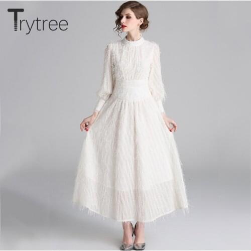 Trytree Autumn Elegant Casual Tassel Solid Dress Polyester Lantern Sleeve women dresses Ankle-Length A-line Office Lady Dress