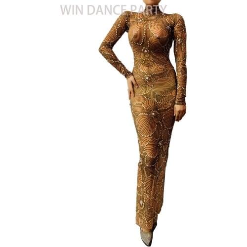 Transparent Net Flower Pattern Stones Dress Birthday Celebrate Outfit Women Singer Show Wear Bar Prom Long Dresses