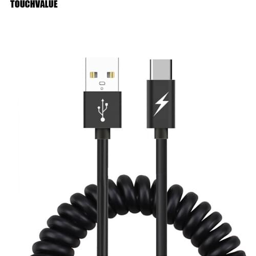 PU Retractable Cable Type C Micro USB Spring Charging Cable Black 1m For Car Power Bank Android Phone Cable