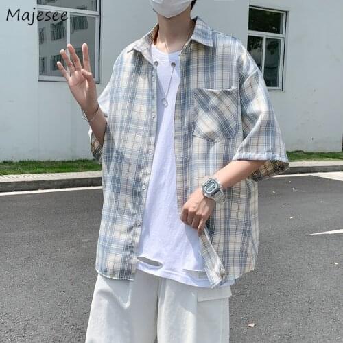 Plaid Casual Shirts Men Summer Couples Ins Fashion Vintage Simple Single Breasted Loose All-match Handsome Stylish Daily Camisa