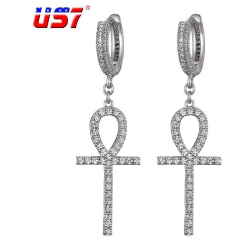 US7 Iced Zircon Egypt Cross Earring For Women Gold Silver Color Micro Paved AAA Bling CZ Stone Earring For Women Hip Hop Jewelry