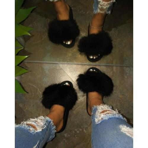 Hot Women Faux Raccoon Fur Fluffy Slippers Furry Fox Hair Sandals Woman Flat Non Slip Plush Slides Casual Beach Outside Shoes