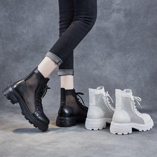 High Quality Genuine Leather Mesh Fashion Ankle Boots Round Toe Lace Up Women Shoes Spring Autumn Female Cool Boots 35-40