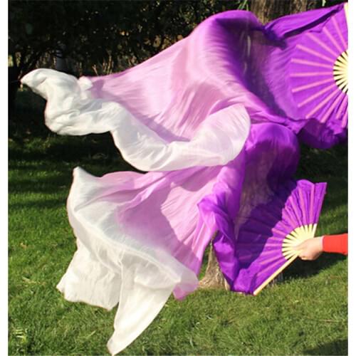 100% Silk 150cm Gradient Color Female Belly Dance Fan Veils Silk Bamboo Fan Performance Prop Pink Purple White Free Shipping