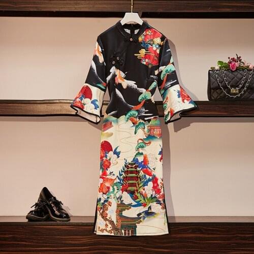 Womens Spring Summer Runway Fashion Flare Sleeve Chinese Dress Female Vintage Long Sleeve Chic Plus Size Party Dress 4XL TB1572