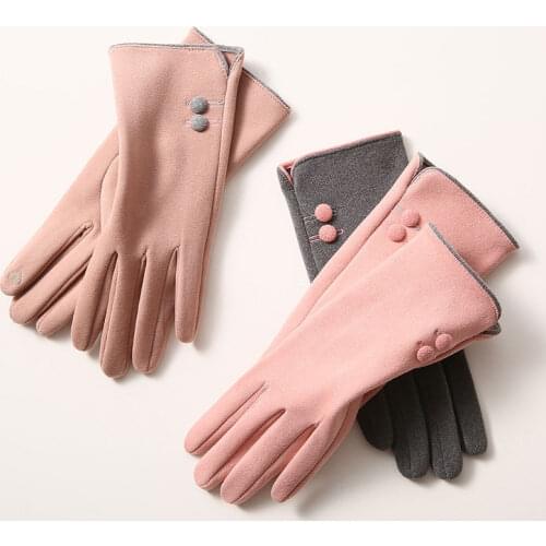 Women Autumn Winter Velvet Cashmere Full Finger Warm Sport Cycling Glove Button Embroidery Touch Screen Driving Mitten F13