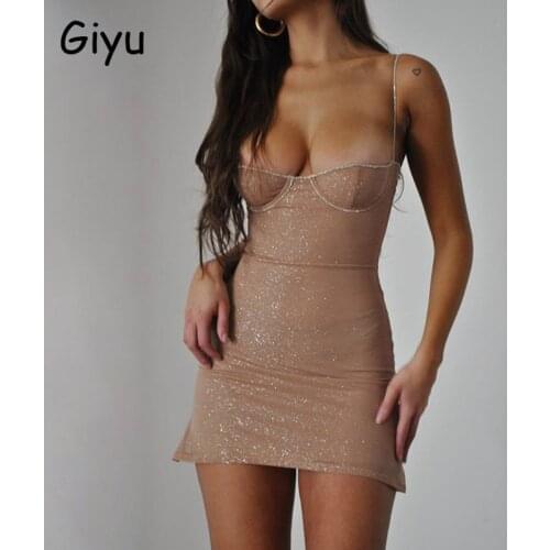 Giyu Glitter Sparkle Diamonds Woman Dress Sexy Backless Club Party Bodycon Mini Dresses Summer Casual Spaghetti Strap Vestidos