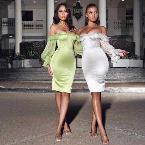 Smileven Green Mini Prom Gowns Off The Shoulder Cocktail Dresses Short Puff Sleeves Elegant Evening Party Dress 2021