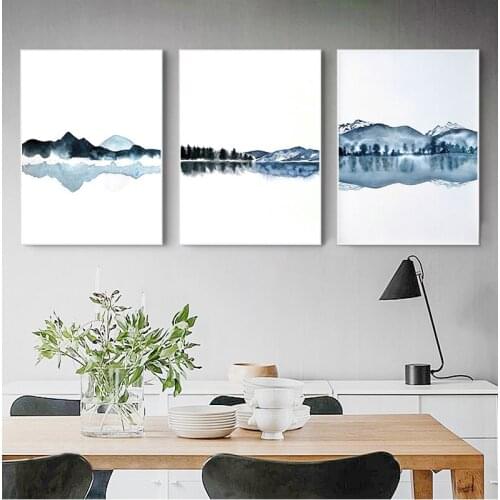 Watercolor Abstract Landscape Canvas Painting Posters and Prints Navy Blue Wall Art Wall Pictures for Living Room Decorative