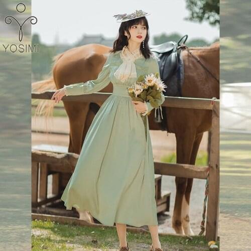 YOSIMI Long Women Dress 2021 Spring Light Green Scarf Collar Mid-calf A-line Fit and Flare Empire Long Sleeve Lace Dress Elegant