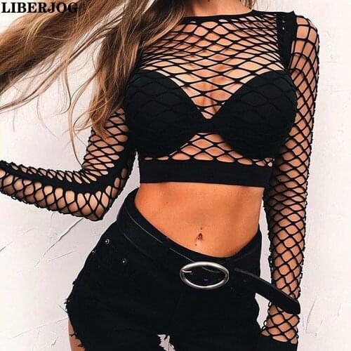 LIBERJOG Women Sexy Hollow Out Crop Tops Female O-neck Perspective T Shirt Sheer Mesh Fishnet Party Tee Bodycon Beachwear