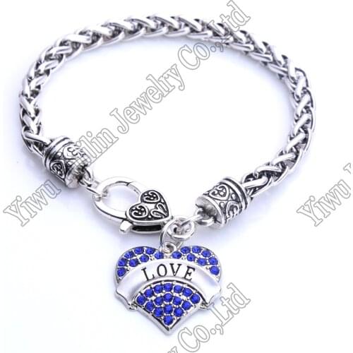 LOVE Heart Wheat link Bracelet Crystal Hearts Metal Dancing Art Lobster Claw Bracelets