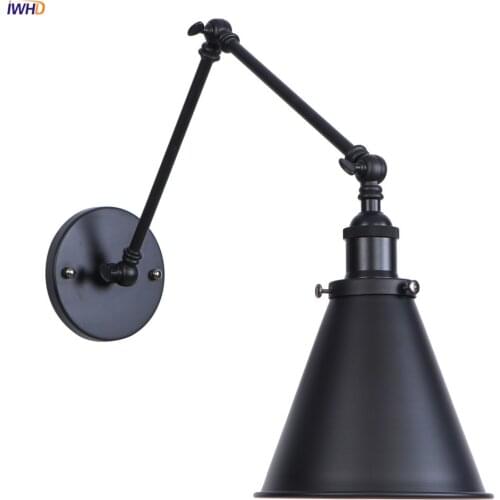 IWHD Black Adjustable Swing Arm Wall Lamp Vintage Bedroom Mirror Stair Loft Decor Industrial Wall Light Sconce Applique Murale