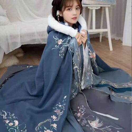 Hanfu Cloak Women Winter Warm Coat Chinese Ancient Poncho Thickness Overcoat Hooded Ancient Traditional Cosplay Ladies Clothing