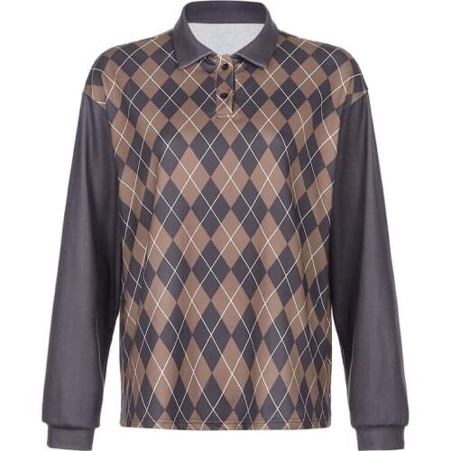 Diamond Pullovers Women Contrast Loose Casual Sweatshirts 2021 Spring Autumn New Fashion Brown Vintage Cottagecore Pullovers