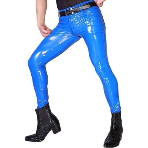 Sexy Men High Elastic Blue PVC Shiny Pencil Pants Tight Faux Leather Zipper Front Fashion Glossy Punk Pencil Pants Gay Wear F123