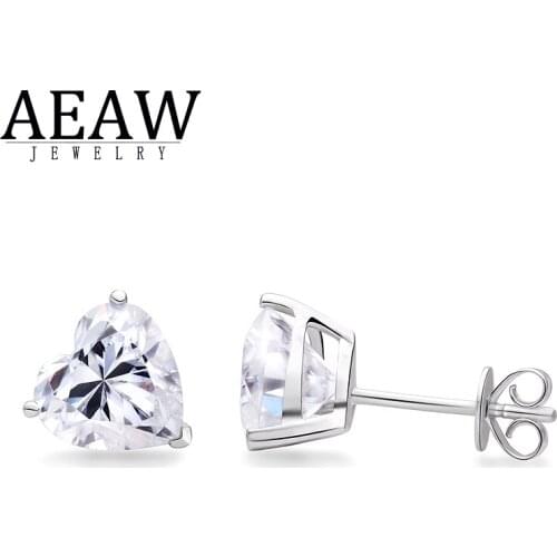 AEAW DF Color Cut Moissanite Stud Earring Push Back Real 18K White Gold 1.0carat 6.5mm Heart for Women Fine