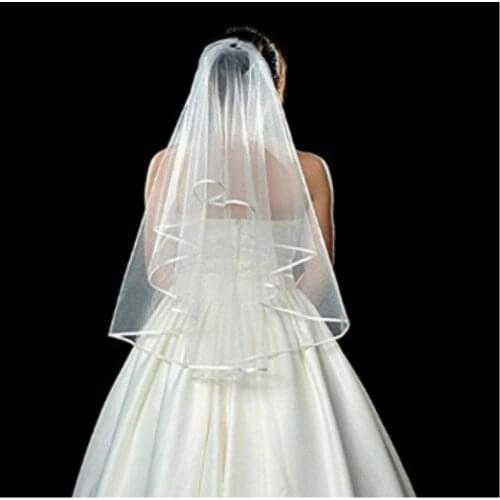 Inform Newly Design White Double Ribbon Edge Center Cascade Bridal Wedding Veil with Comb